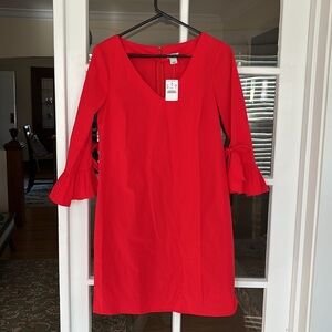 NWT J. Crew Factory Red Ruffle Tie-Sleeve Sheath Dress with Bell Sleeves V-Neck